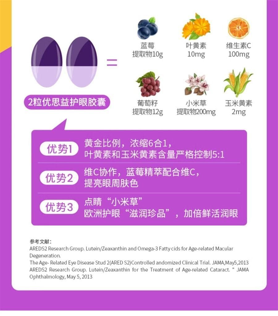 【中国直邮】 澳大利亚 优思益 越橘蓝莓叶黄素眼睛护眼丸 缓解不适强韧屏障 60粒/瓶 (小红书种草推荐)
