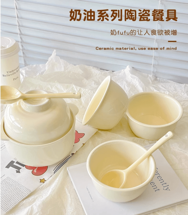 日式奶fufu陶瓷泡麵碗帶蓋學生宿舍方便麵碗飯碗#奶油色1件入