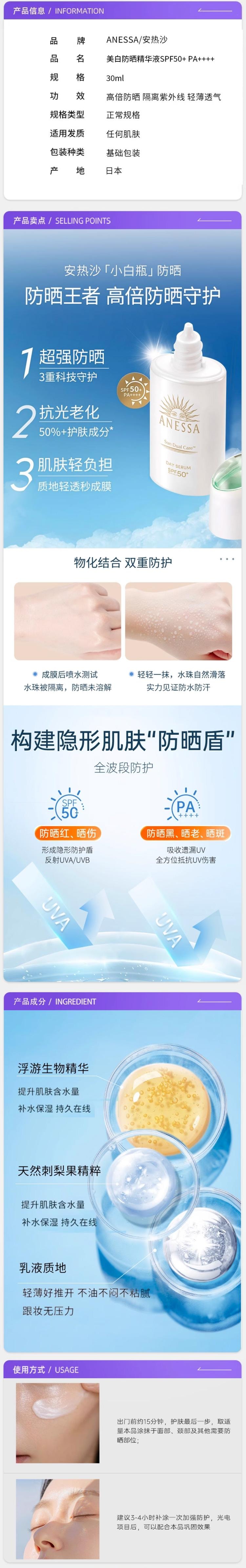 【日本直邮】ANESSA 安耐晒 日用防晒精华乳 SPF50+/PA++++ 30ml