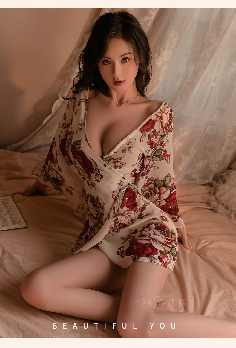 【中國直郵】曼煙 情趣內衣 性感繁花深V睡袍絲滑睡裙套裝 紅色均碼