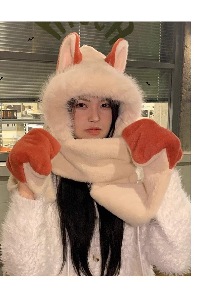 FOXTAIL 毛茸茸火狐狸一体帽 帽子 围巾 手套 冬季 保暖 防风 围脖 连帽 1个