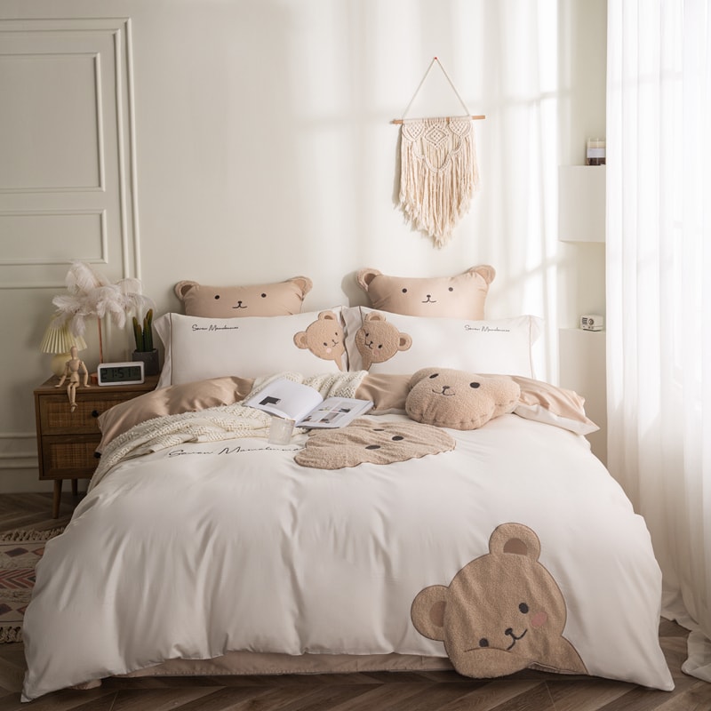 【中國直郵】Lullabuy床品全棉四件組 60支長絨棉 可愛熊刺繡 床單被套 Queen Size