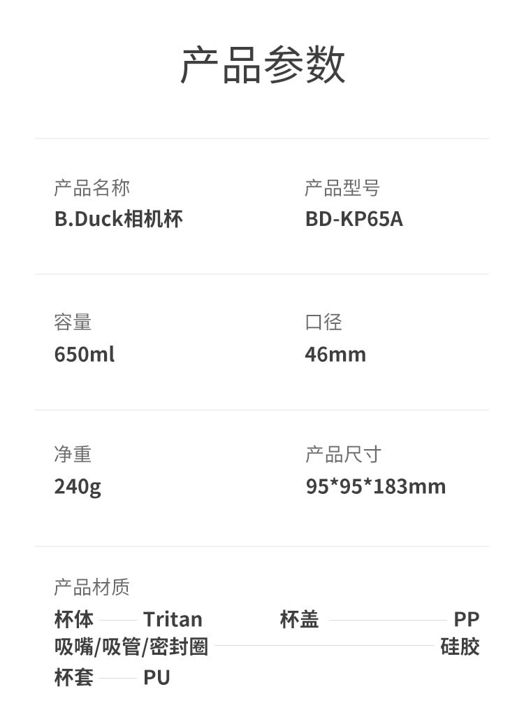 【中国直邮】B.Duck小黄鸭  大容量Tritan相机水杯防摔   650ml 粉色款