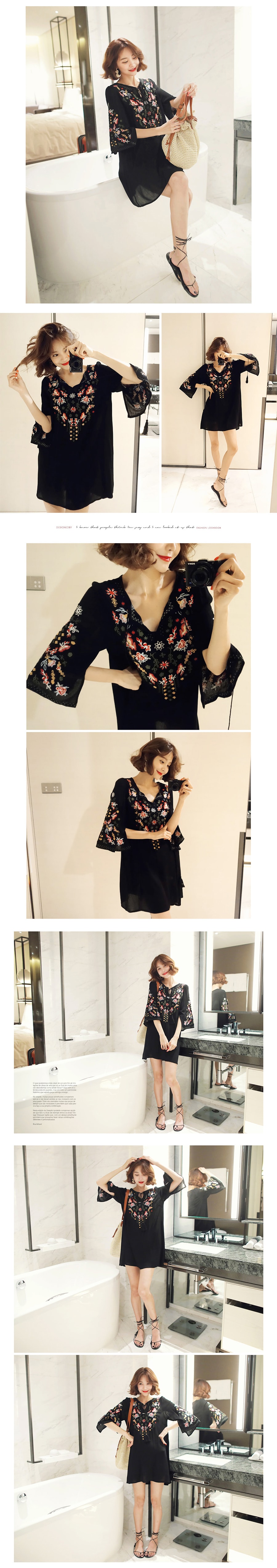 [KOREA] Floral Embroidery Ethnic Mini Dress #Black One Size(S-M) [Free Shipping]