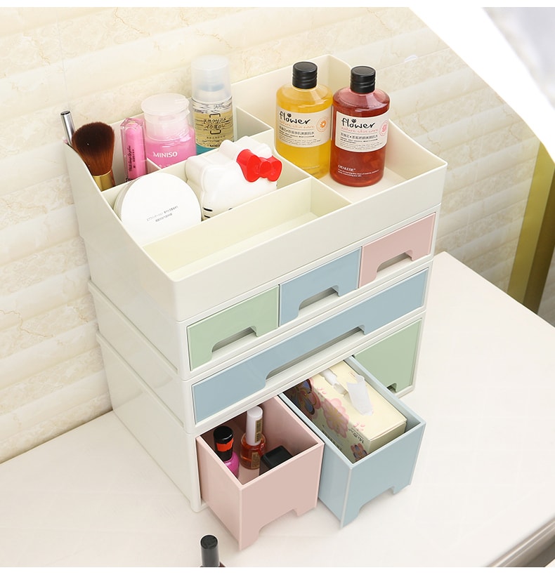 药品 化妆品 文具收纳盒 ROSELIFE 可拆卸 自由组合  4层收纳盒 [TCEF] 两高一低5抽屉  5插槽桌面整理盒 蓝粉绿
