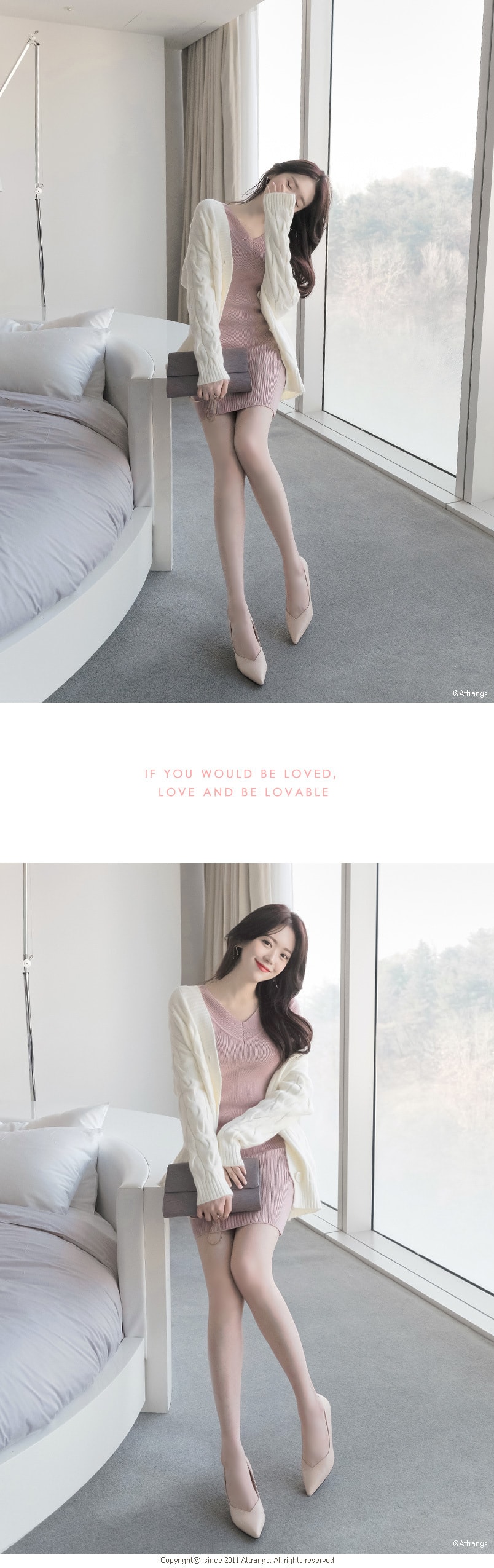 【韩国直邮】ATTRANGS V领基本款修身性感针织连衣裙 粉色 均码