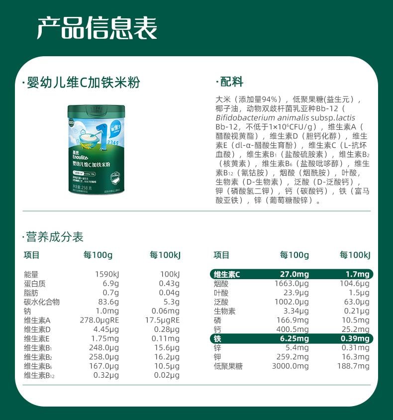 【中國直郵】 英氏 鱈魚胡蘿蔔加鋅米粉 嬰兒輔食寶寶營養高鐵米粉米糊 罐裝258g/罐