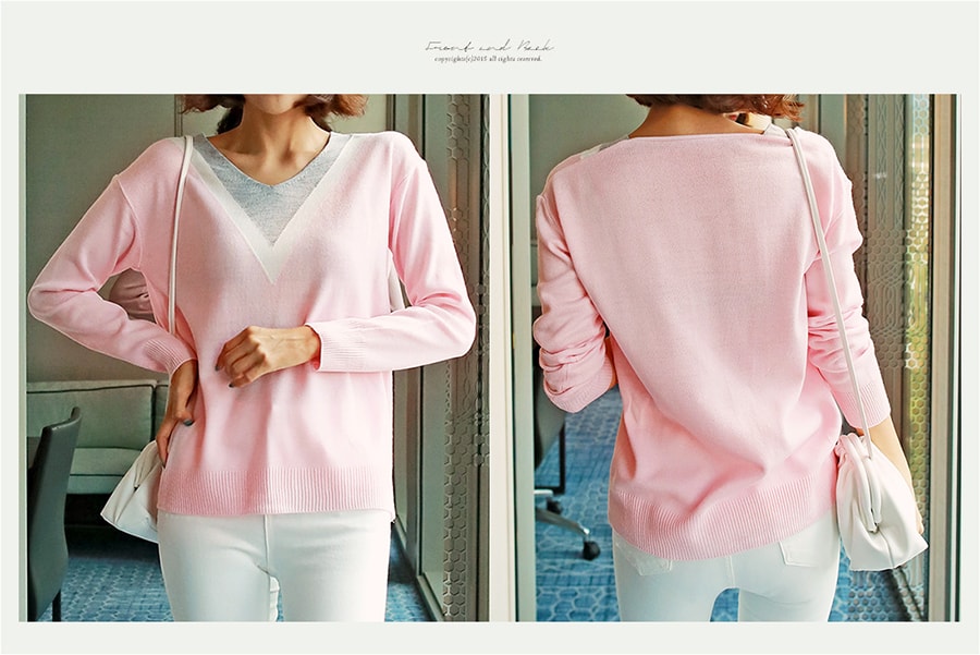 WINGS V-Neck Colorblock Sweater #Pink One Size(S-M)