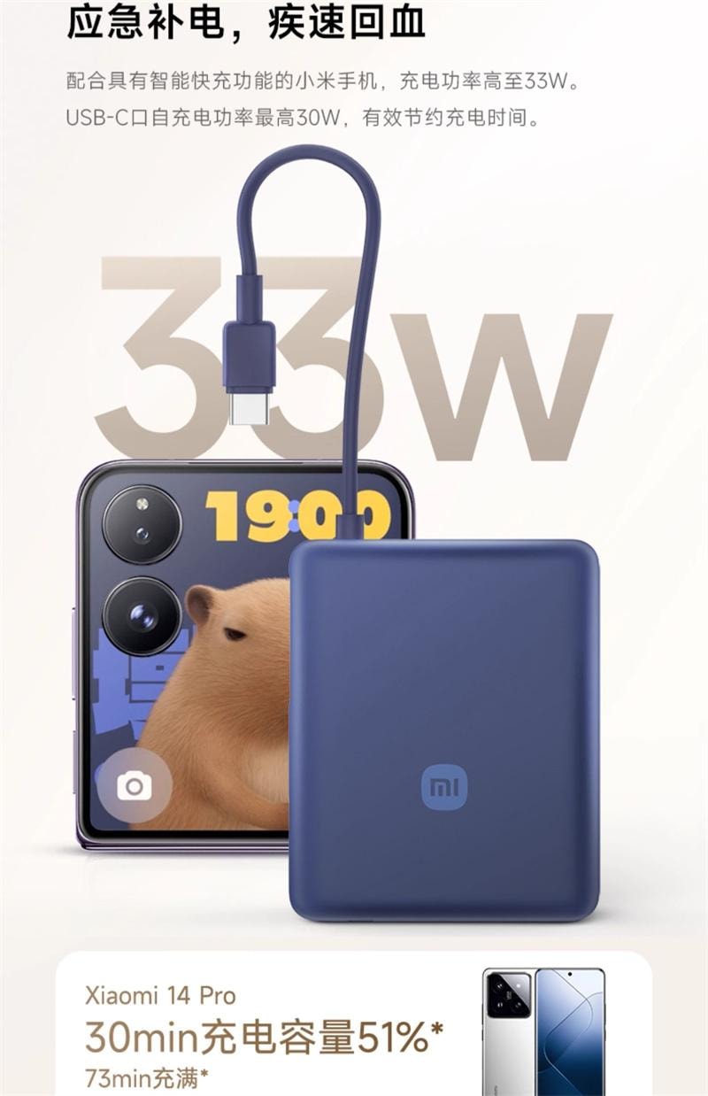 【中国直邮】 小米 自带线充电宝双向快充超大容量移动电源0.037kWh  浅咖色 1个装