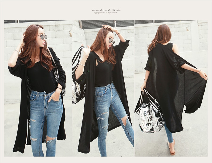 KOREA Open Front Long Cardigan+Tank Top 2 Pieces #Black One Size(S-M) [Free Shipping]