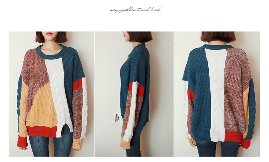 [韩国正品] Multi Color-Block Front Slit Sweater #Mix One Size(S-M) [免费配送]