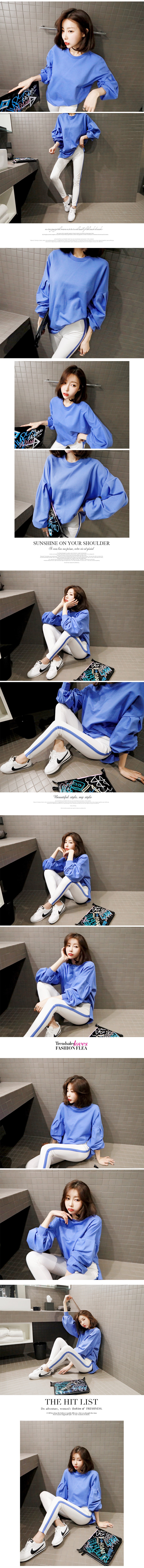 KOREA Puff Sleeve Sweatshirt+Side Stripe Jogger 2 pieces Set #Sky Blue One Size(S-M) [Free Shipping]