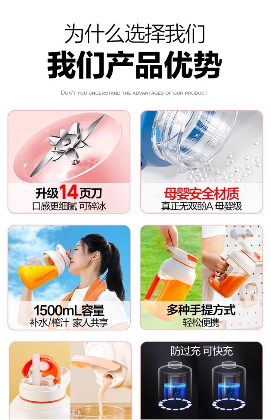 【中國直郵】 麥可酷 便攜式榨汁機小型家用多功能炸果汁機無線充電動水果榨汁杯噸噸桶 萌萌粉 1.5L