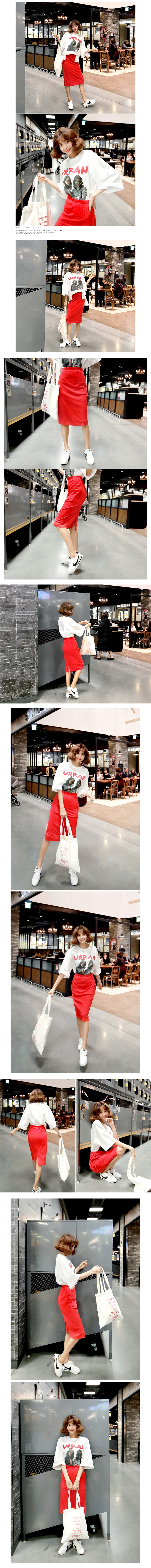 韩国正品 MAGZERO 宽松T恤 #乳白色 + 棱纹铅笔裙 #红色 两件套 均码(S-M) [免费配送]