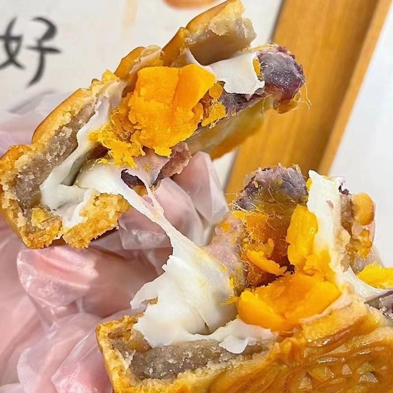 中国 一品紫禁 潮汕麻薯大月饼 紫薯芋泥麻薯陷 单粒 礼袋装 520克 中秋节龙凤呈祥图案 精制糕点