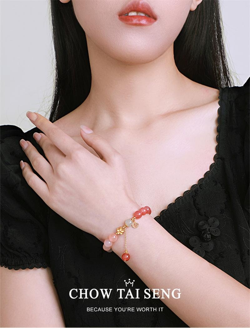 【中国直邮】  周大生 玛瑙手串女银手链转运珠国风轻奢 十里桃花手串 1条