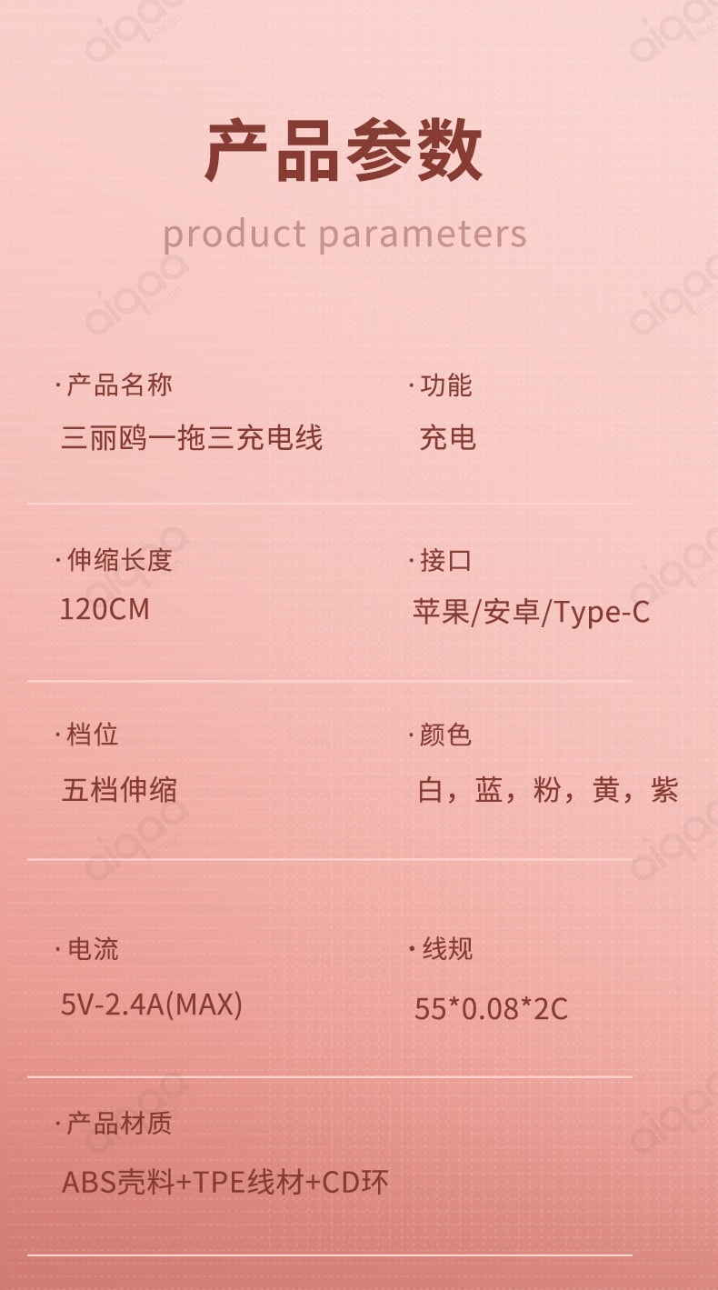 【中國直郵】三麗鷗 100W三合一伸縮數據線 一拖三超級快充5A適用於蘋果充電線安卓 大耳狗