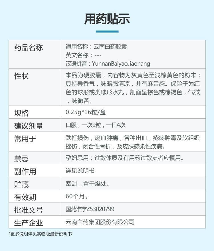 【中國直郵】 雲南白藥 精選膠囊 散瘀止血 活血止痛解毒消腫16粒/盒