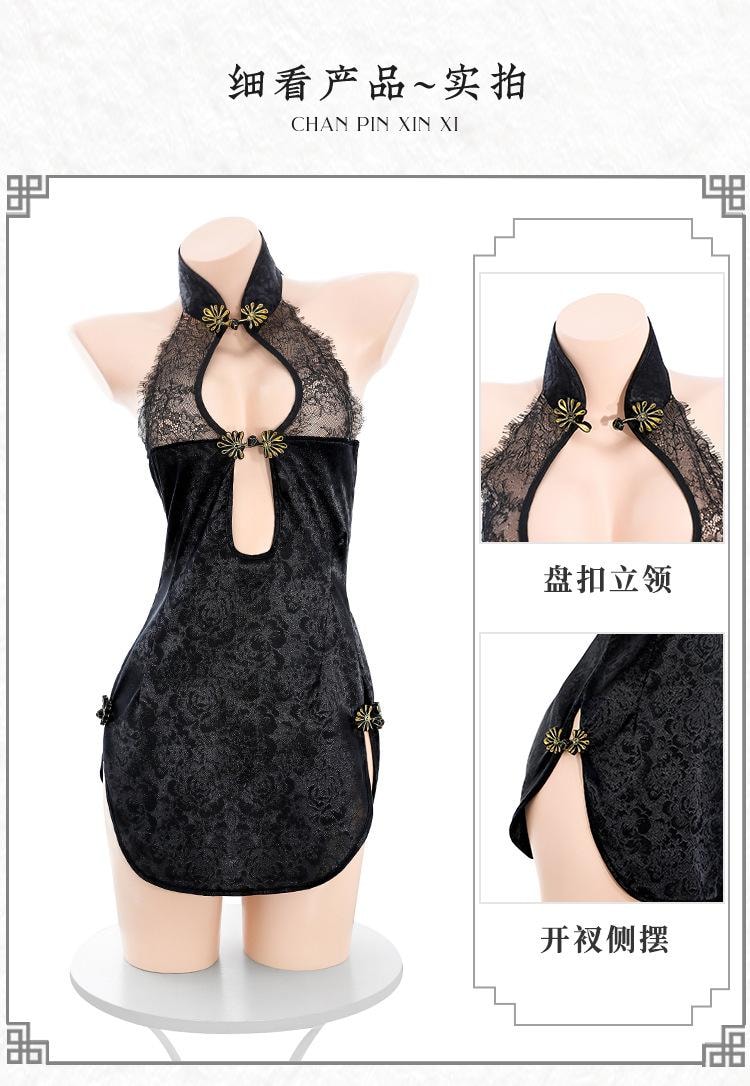 【中国直邮】 霏慕 秀雅美人后开衩露臀旗袍诱惑露背复古盘扣睡衣性感制服