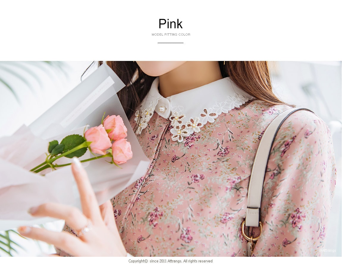 【韩国直邮】ATTRANGS 翻领碎花蕾丝花边衬衫 粉色 均码
