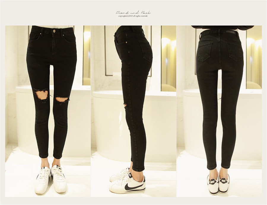KOREA Distressed Stretch Ankle Jean #Black M(27-28) [Free Shipping]