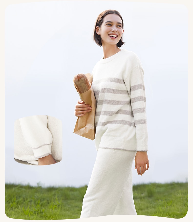 【赠品】lastpiece 中国 ubras 慕斯绒条纹圆领套头家居服套装(女款)-白色-L