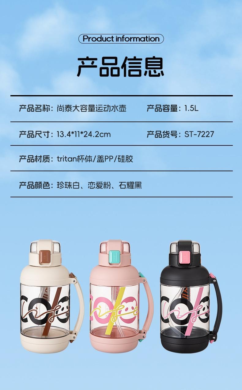 【中國直郵】 親太太 大容量塑膠水壺新款ritan手柄夏天便攜水壺 1.2L 黑色 1個