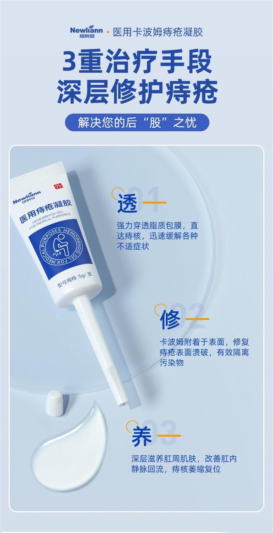 【中国直邮】 纽利安 医用痔疮凝胶 痔疮膏 消肉球肛门瘙痒卡波姆痣疮冷敷凝胶内外混合痔 5g/支*4支/盒