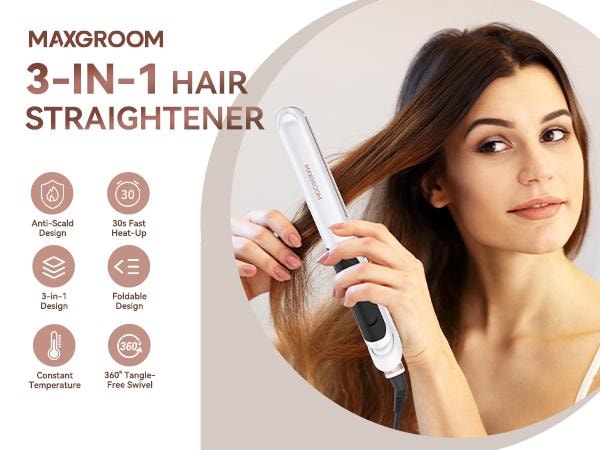 【美国现货】  MAXGROOM 双层直发卷发器 三功能合一 直发卷发玉米卷 210°C恒温加热 白色 53W