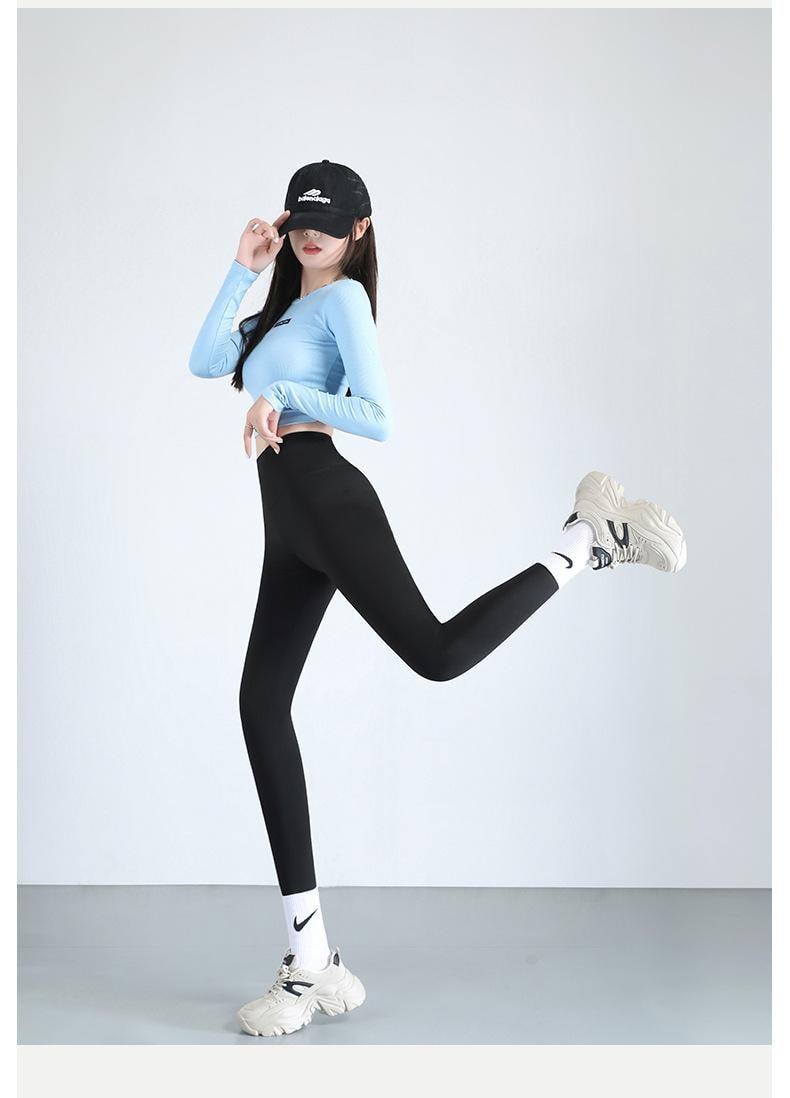 【中国直邮】 宝娜斯 鲨鱼裤 高腰收腹瑜伽裤薄款打底裤 黑+灰色S码 各1条