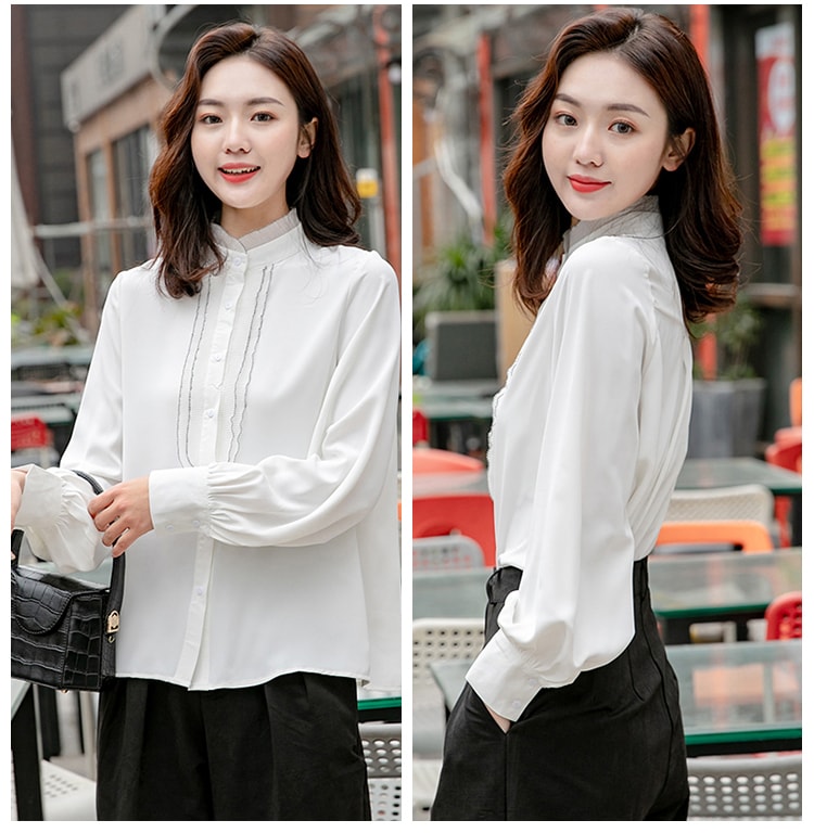 CARRIE&KATE【Designer Style】2019 Spring new long sleeves loose on vertical collar lace chiffon shirt Canal Blue/M