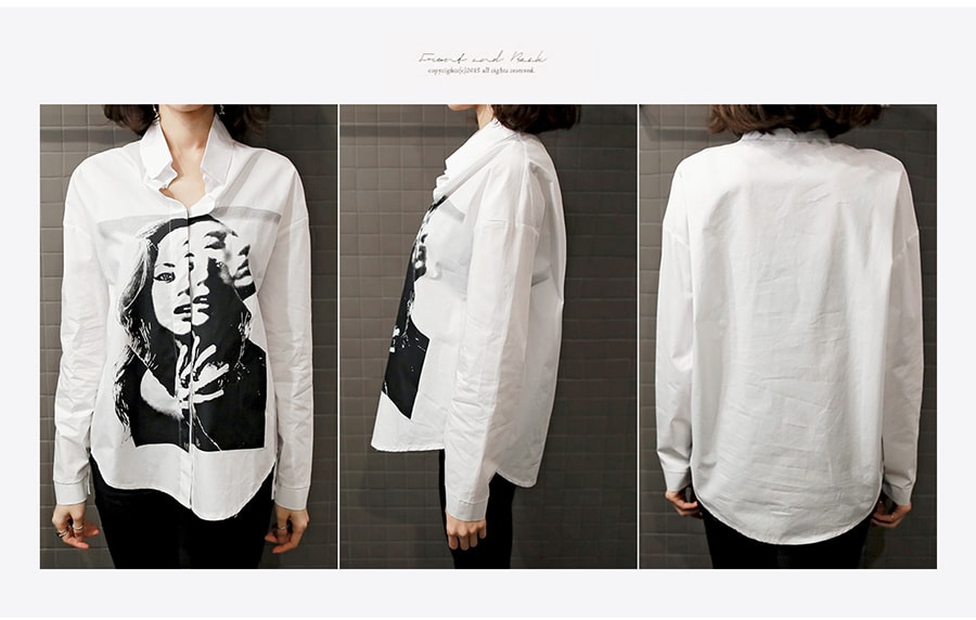 KOREA Drawing Face Button Blouse Shirts White One Size(Free) [Free Shipping]