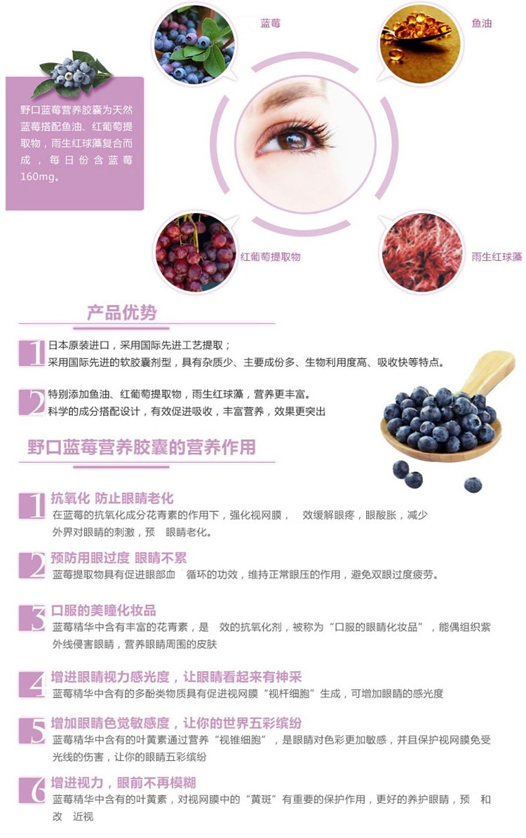 【日本直邮】野口蓝莓护眼胶囊 叶黄素 缓解眼睛疲劳改善近视60粒