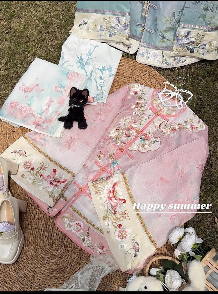 【中国直邮】 FOXTAIL 重工刺绣新中式国风汉服 清汉 女印花 渐变 套装 复古  -蓝色 M码 1套