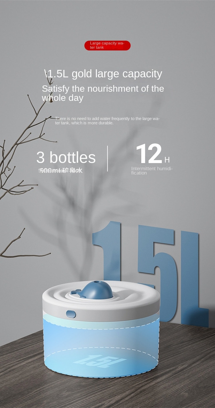 中国 LLD乐乐多 1.5升大容量蓝鲸加湿器大雾量喷雾七彩灯香薰机加湿器三合一 白色 1件