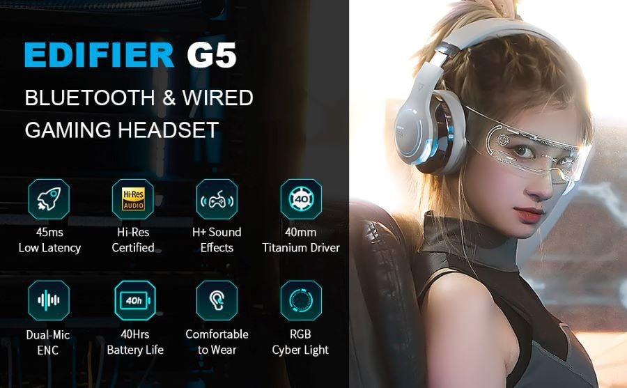 Edifier 漫步者 G5BT 藍牙遊戲耳機附麥克風的頭戴式有線耳機(灰色)