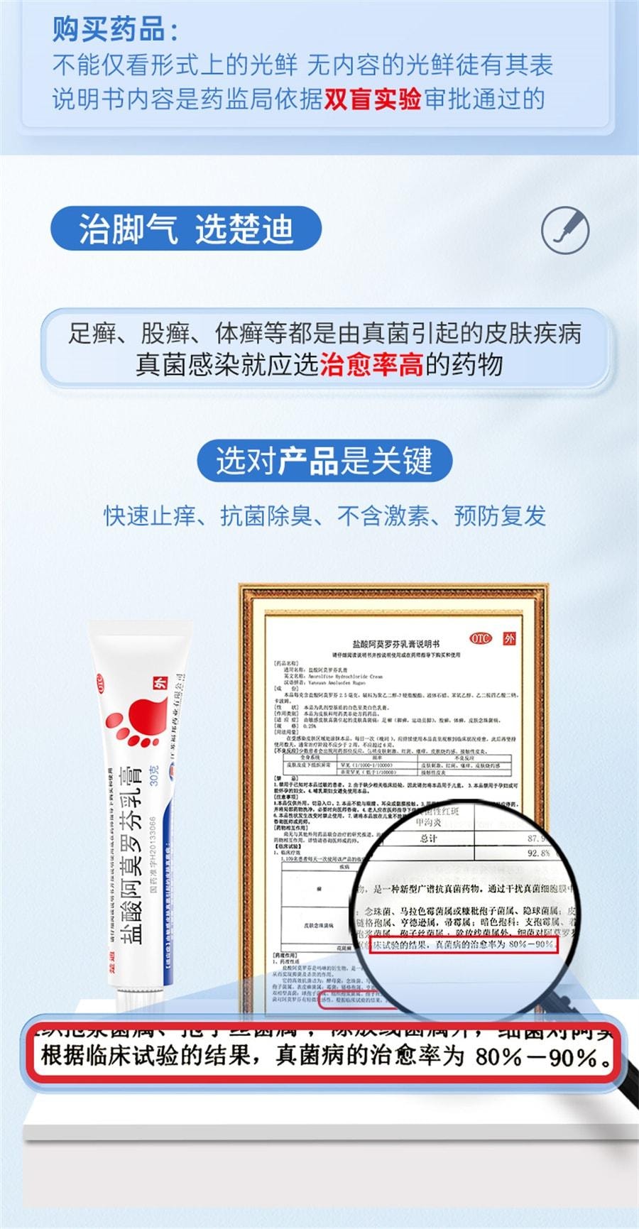 【中国直邮】 楚甲 盐酸阿莫罗芬乳膏 去脚气治脚气脱皮止痒杀菌 30g/支
