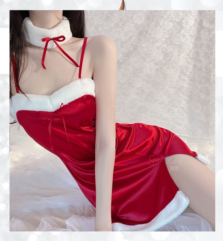 【中國直郵】瑰若 情趣內衣 性感抹胸修身開叉吊帶睡裙 聖誕裝 M碼 酒紅色