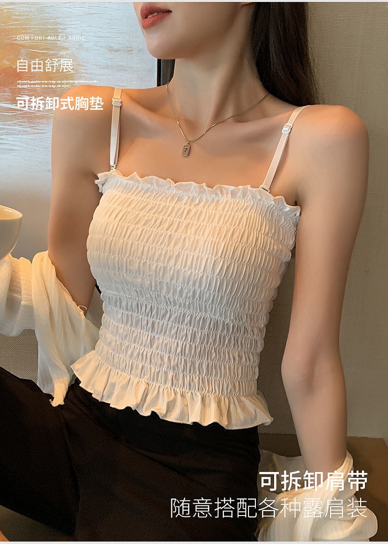 【中國直郵】爪哇島 夏季新款網紅美背抹胸百褶背心 帶胸墊外穿內搭吊帶(長款黑色)均碼80-130斤