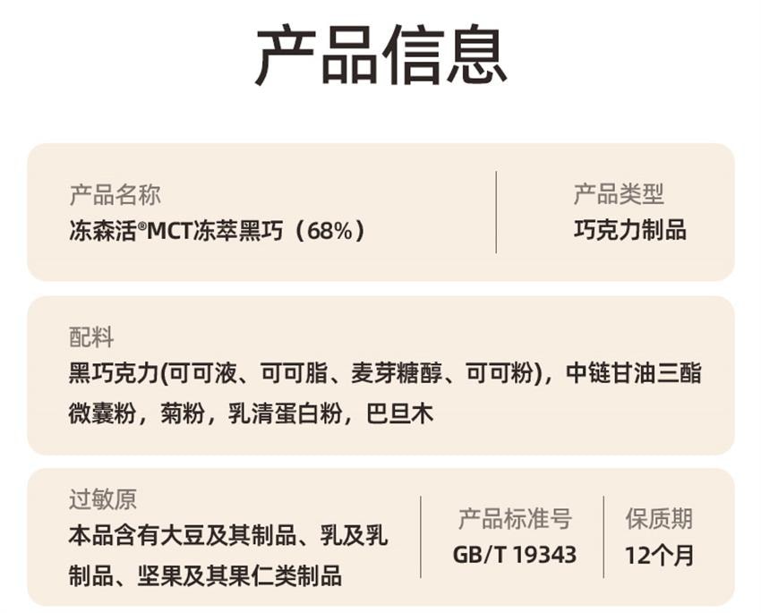 【中国直邮】 冻森活 MCT冻萃黑巧 代餐低卡 0代可可脂 0反式脂肪酸 有助于保持SO体质量 12袋/盒 | 亚米