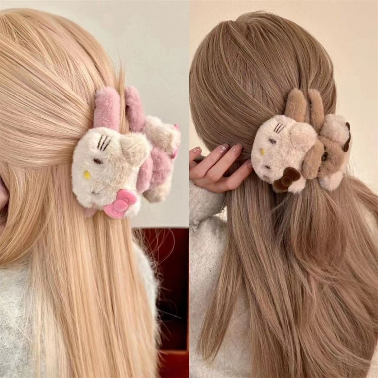 凱蒂貓毛絨抓夾 雙面kitty貓 鯊魚抓夾 盤髮飾品-卡其色 1個