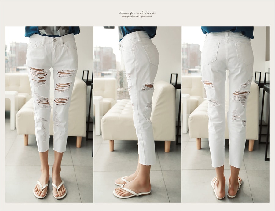KOREA Distressed Cropped Jeans #White M(27-28) [Free Shipping]