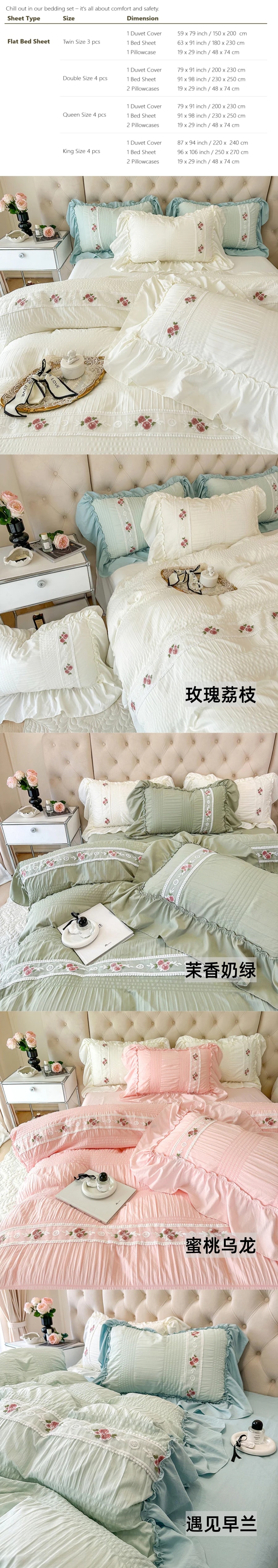 【中國直郵】Lullabuy 綺夢玫瑰泡泡紗床單床單被套居家床上四件套 玫瑰荔枝 Queen Size