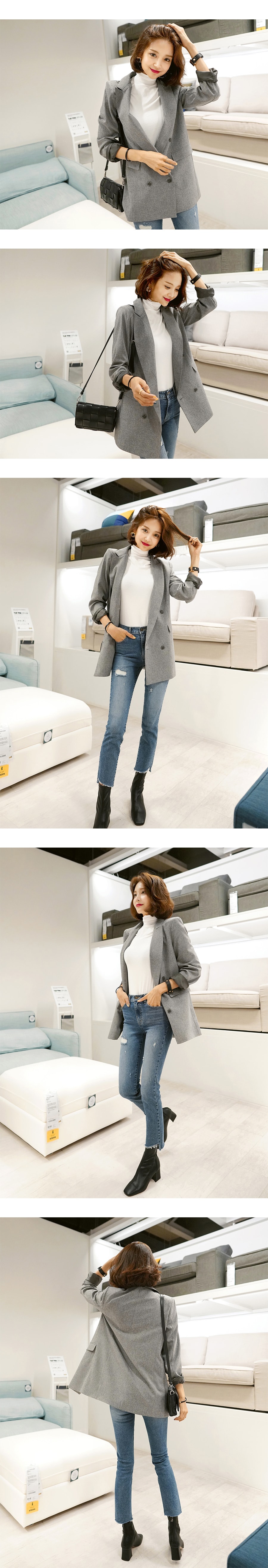 [韩国直邮] WINGS 韩国双排扣女西装外套 #灰色 L(40)