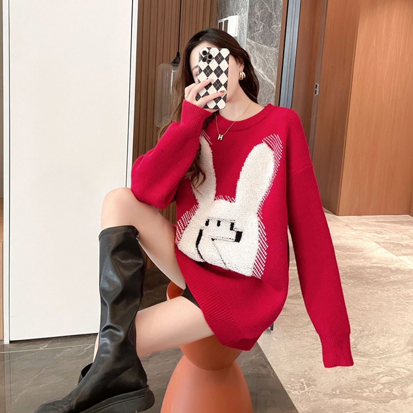 中國直郵 奢笛熊 潮牌新款學院風兔子大版寬鬆設計感毛衣 紅色 均碼