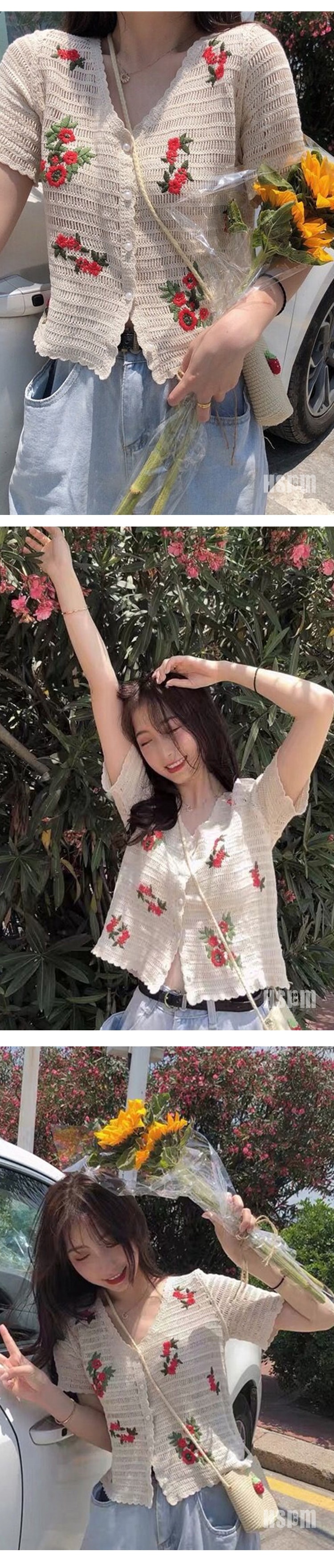 【中國直郵】HSPM新款刺繡開襟針織衫 杏桃色紅花 M