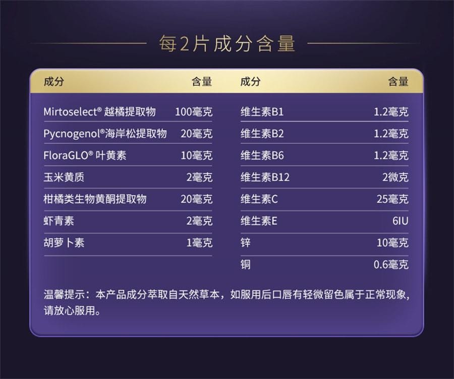 【中国直邮】 澳大利亚 优思益 超视界复合高端黑曜石护眼片专利叶黄素 60粒