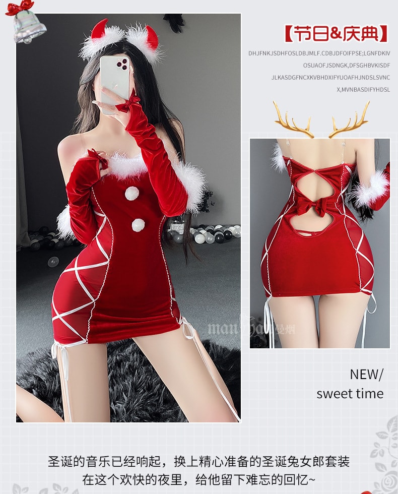 【中國直郵】曼煙 情趣內衣 性感抹胸毛絨 聖誕兔女郎套裝 紅色均碼(不含髮箍)