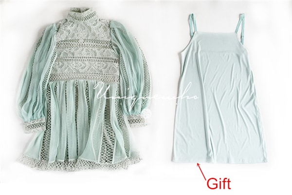 Mint Green Lace Embroidery Patchwork Elegant High-neck Palace Style Silk Mini Dress for Women Girls M