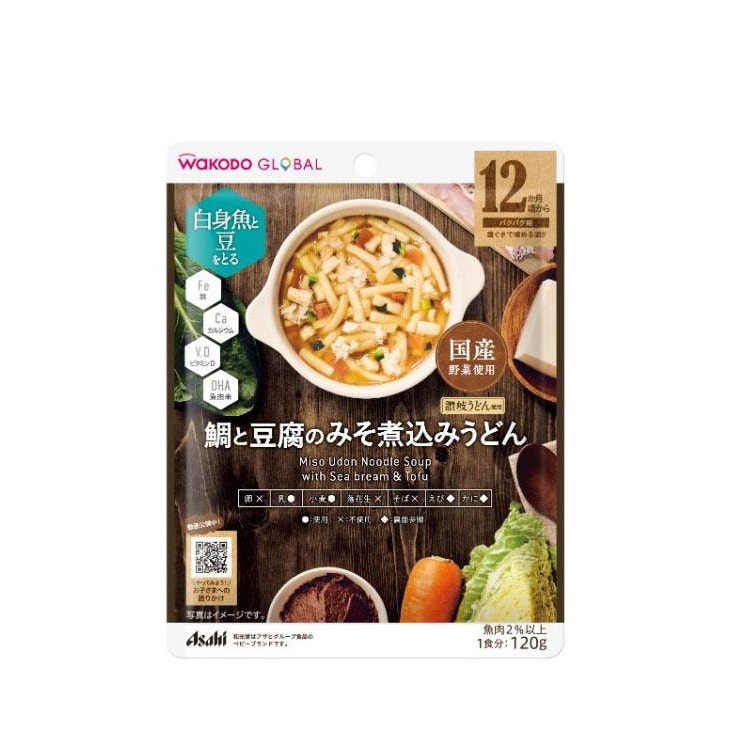 【日本直郵】WAKODO與光堂 12月+寶寶輔食 高級系列 鯛魚豆腐烏龍麵 120g